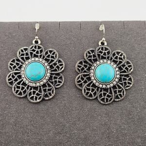 Silver Tone Floral Medallion Earrings Turquoise Color Bohemian Southwestern